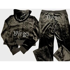Juicy Couture Black Velour Tracksuit Virgo Rhinestone Hoodie Pants Set Large